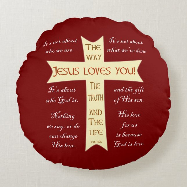 Jesus Kärlek You - Red and Lila - round Pillow Rund Kudde (Framsidan)