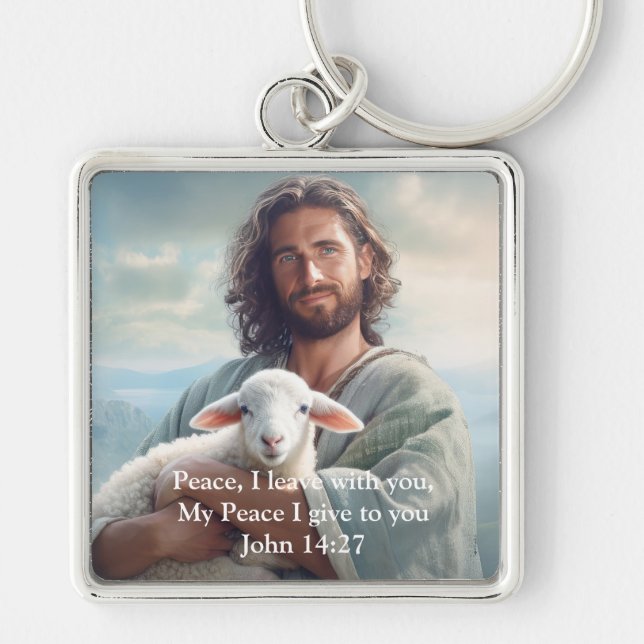 Jesus Keychain Fyrkantig Silverfärgad Nyckelring (Framsidan)