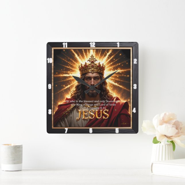 Jesus King Crown Sovereign Glory Sunburst Fyrkantig Klocka (Hem)