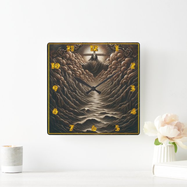 Jesus kommer från moln över Serene Vatten Fyrkantig Klocka (Hem)