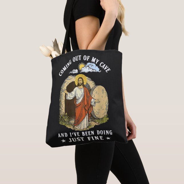 Jesus kommer ut ur min grotta tygkasse (Närbild)