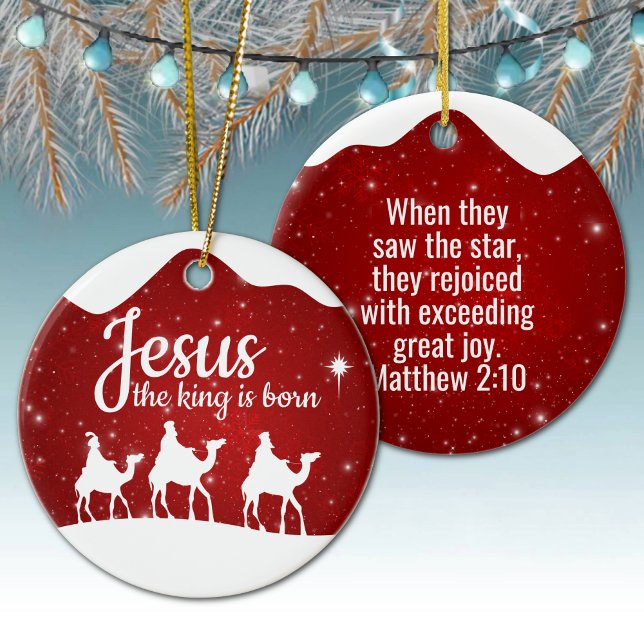 Jesus Konungen är född Divine Passage ⛪️ 🎄 Julgransprydnad Keramik (Customizable phrase Jesus the King is Born, Inspirational Holiday Ceramic Ornament Red Sparkle 🤴✞)