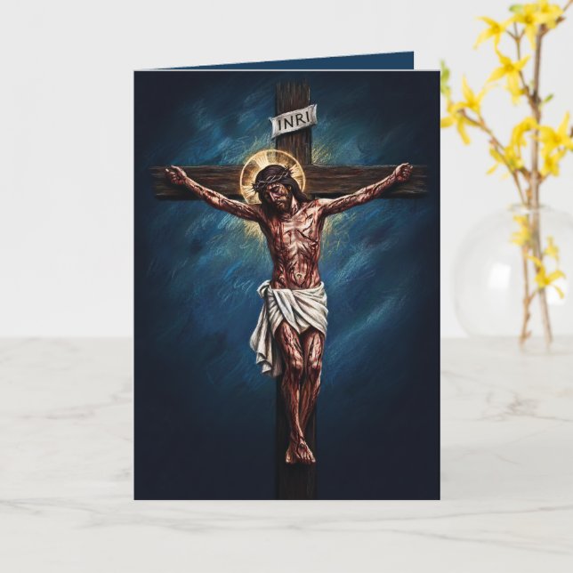 Jesus korsfästes välsignad påskkort Blå Kort (Gul blomma)