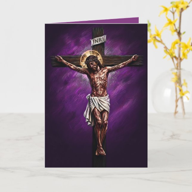 Jesus korsfästes välsignad påskkort lila kort (Gul blomma)