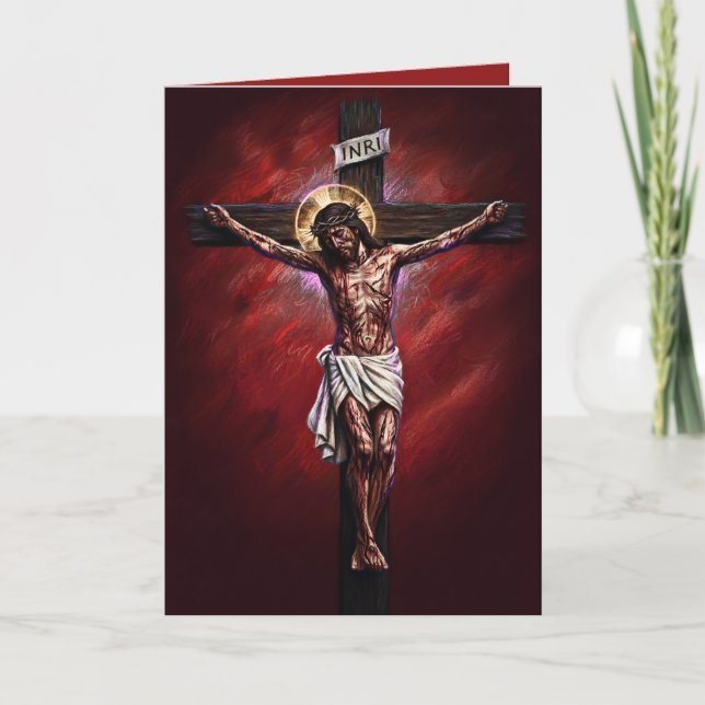 Jesus korsfästes välsignad påskkort röd kort (Framsida)