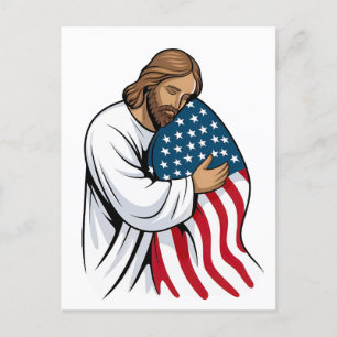 Jesus kramar amerikansk flagga vykort