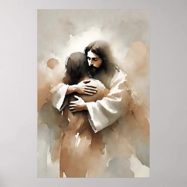 Jesus kramar en kvinna Inspirerande akvarell Poster (Framsidan)