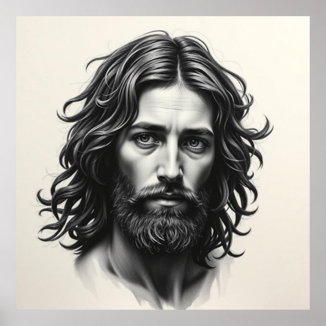 Jesus Kristus - Charcol Art Porträtt Poster (Framsidan)
