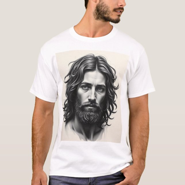 Jesus Kristus - Charcol Art Porträtt T Shirt (Framsida)