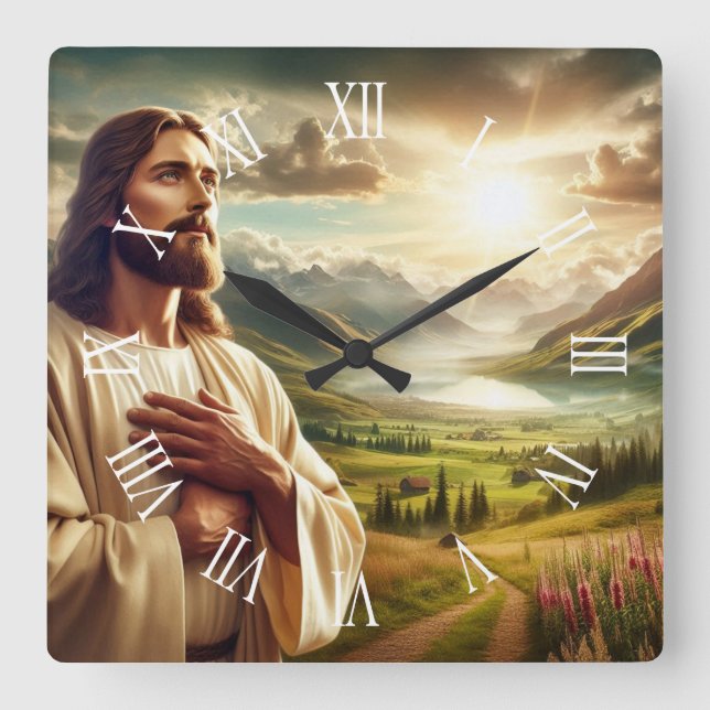 Jesus Kristus Digital Painting Roman Numeral Fyrkantig Klocka (Framsida)
