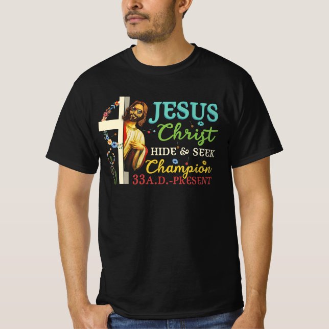 Jesus Kristus Gömmer och söker Champion Atheism 33 T Shirt (Framsida)