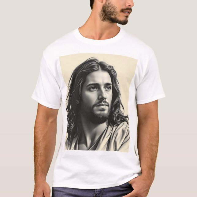 Jesus Kristus - Handdesignad Träkol Porträtt T Shirt (Framsida)