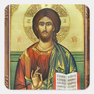Jesus Kristus Holding Gospelen Ortodoxa Icon Fyrkantigt Klistermärke