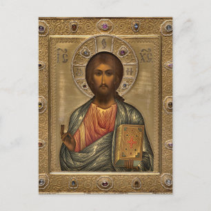 Jesus Kristus Holding Gospelen Ortodoxa Icon Vykort