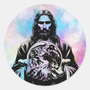 Jesus Kristus Holding World Art illustration Runt Klistermärke