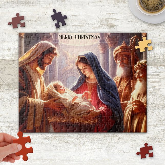 Jesus Kristus julpussel Pussel (Christmas puzzle featuring a painting of baby Jesus Christ with his parents and wise men.)