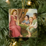 Jesus Kristus Lärande barn, Vintage Religion Julgransprydnad Keramik<br><div class="desc">Vintage illustrerar religiösans utformning med Jesus Kristus som undervisar barn. De är i en ängsskugga under en skugga träd med lamm i avstånd.</div>