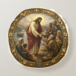 Jesus Kristus matar fisk till de fattiga Rund Kudde