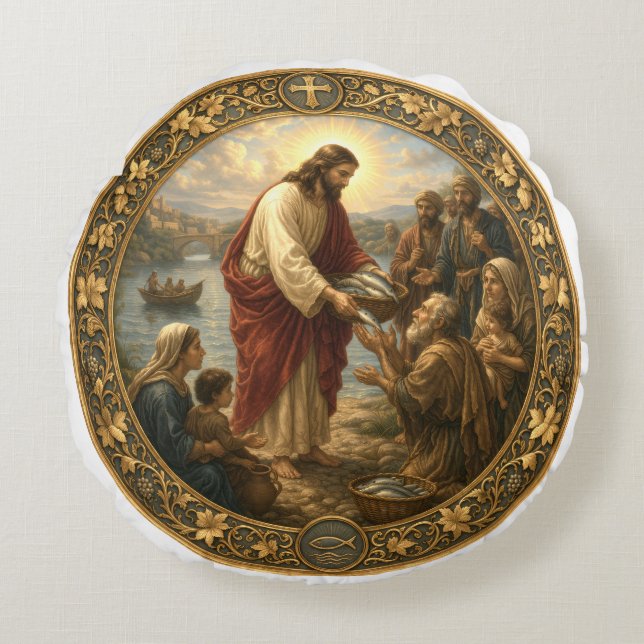 Jesus Kristus matar fisk till de fattiga Rund Kudde (Framsidan)
