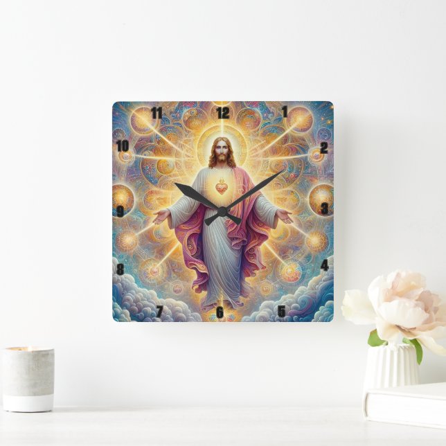 Jesus Kristus med ett strålande Helig-hjärta Fyrkantig Klocka (Hem)