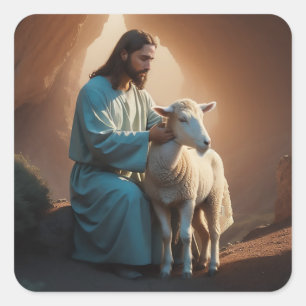 Jesus Kristus med Lamb Fyrkantigt Klistermärke