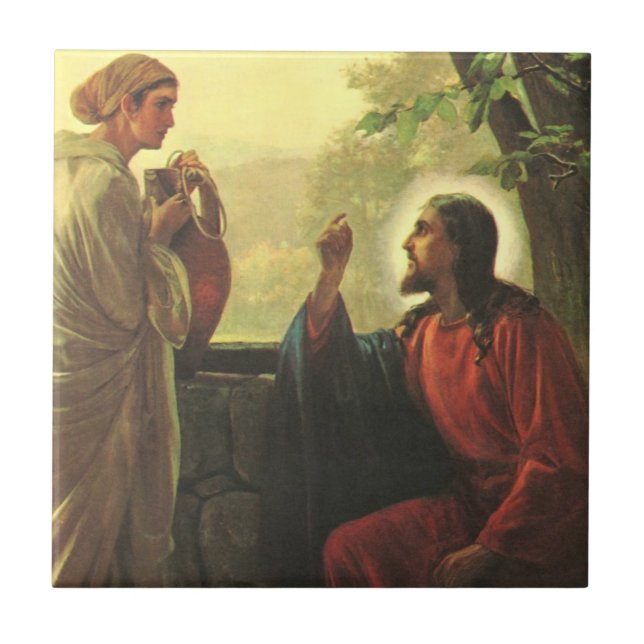 Jesus Kristus och Bra Samaritan på brunnen Kakelplatta (Framsidan)