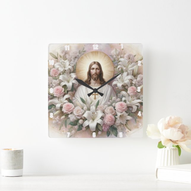 Jesus Kristus omringad av Lilies Ro Fyrkantig Klocka (Hem)