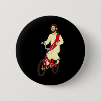 Jesus Kristus På En Cykel Roligt Kristet Tro Knapp