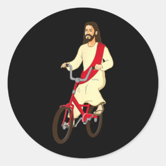 Jesus Kristus På En Cykel Roligt Kristet Tro Runt Klistermärke