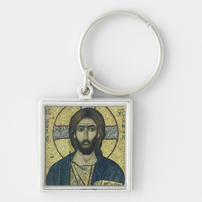 Jesus Kristus Pantokrator Fyrkantig Silverfärgad Nyckelring (Framsidan)