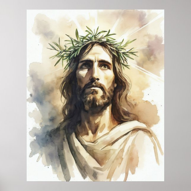 Jesus Kristus Porträtt med Olive Gren Krona Poster (Framsidan)