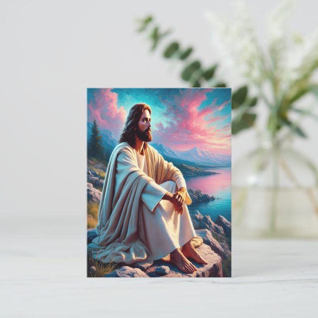 Jesus Kristus reflekterar Beside Gentle Seashore Vykort (Stående Fram)