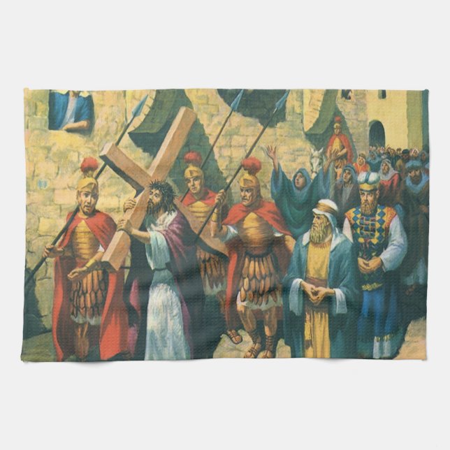 Jesus Kristus som transporterar Kor till sin Cruci Kökshandduk (Horisontell)