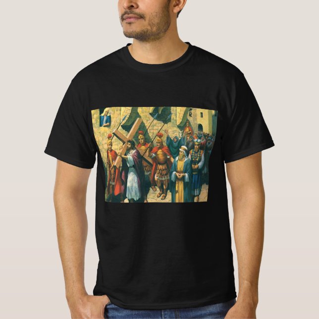 Jesus Kristus som transporterar Kor till sin Cruci T Shirt (Framsida)