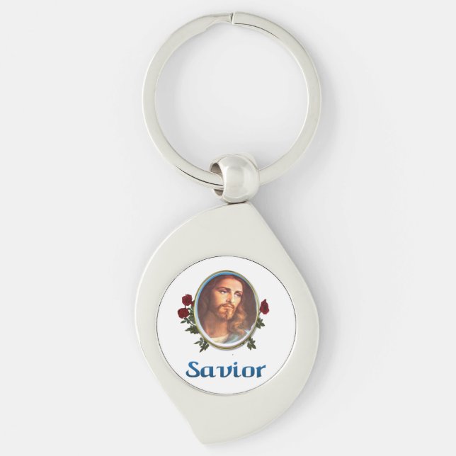 Jesus Kristus Swirl Silverfärgad Nyckelring (Framsidan)