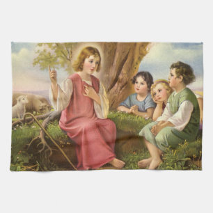 Jesus Kristus undervisar barn, gammal religiös kon Kökshandduk