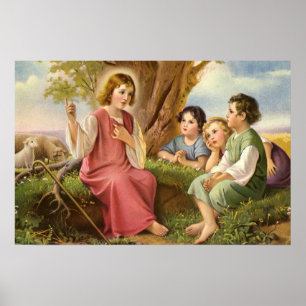 Jesus Kristus undervisar barn, gammal religiös kon Poster