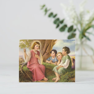 Jesus Kristus undervisar barn, gammal religiös kon Vykort