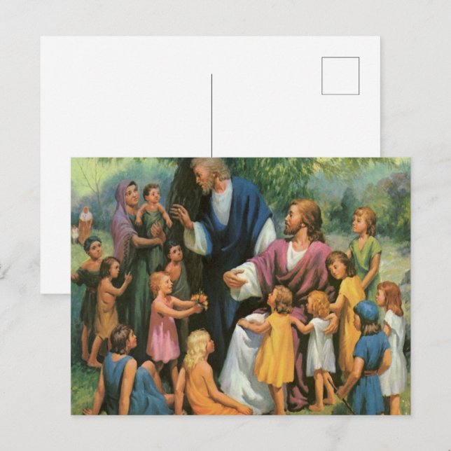 Jesus Kristus Välsignar Barnen, Vintage Religion Vykort (Fram/baksida)