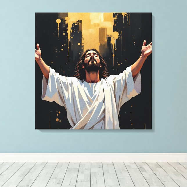 Jesus Kristus Vår Frälsare | Svart och Guld Canvastryck (Insitu (trägolv))