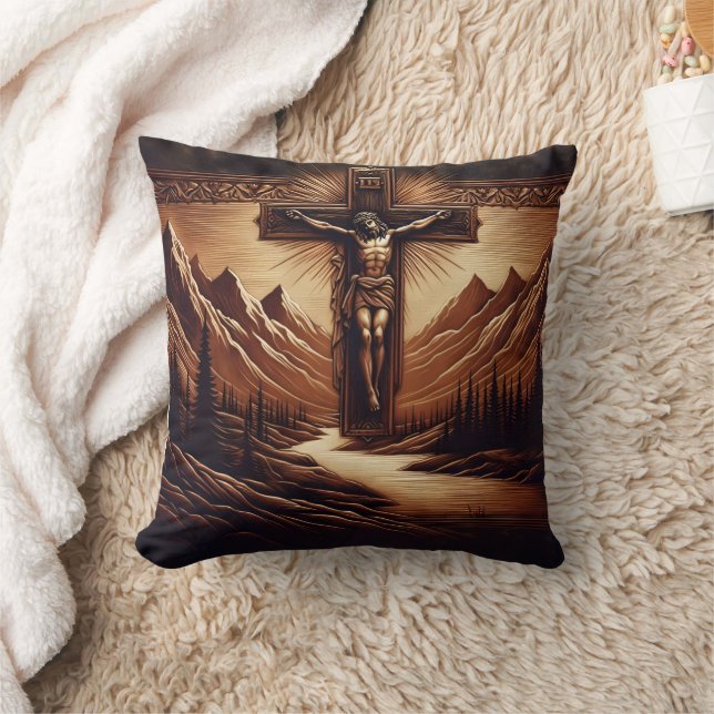 Jesus krökt mot majestiska berg kudde (Filt)