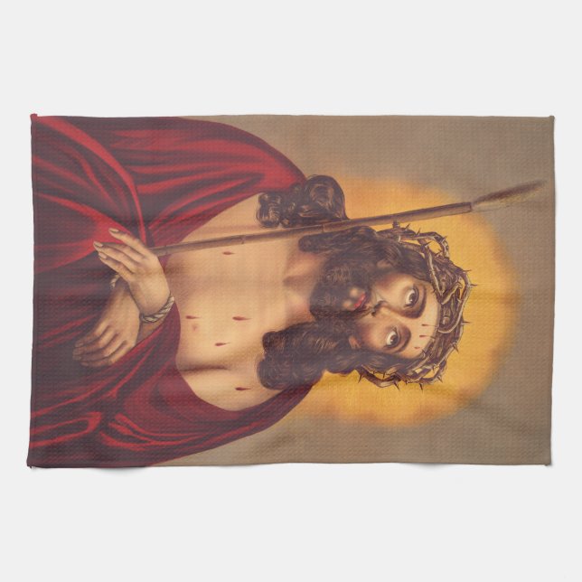 Jesus krönt med törnen sorgligt konstverk kökshandduk (Horisontell)