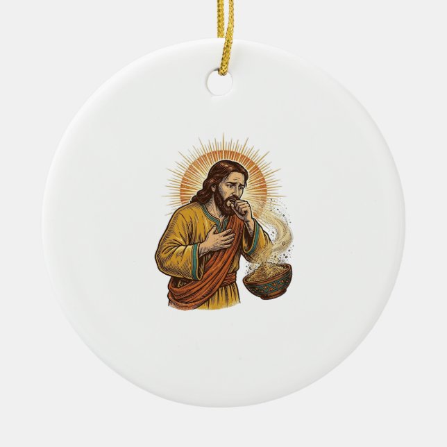 Jesus kvävs av torr tortillachips-krümel mat humor julgransprydnad keramik (Framsidan)