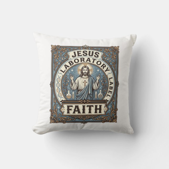 Jesus Laboratorium Etikett Tro Jesus Laboratorium  Kudde (Framsida)