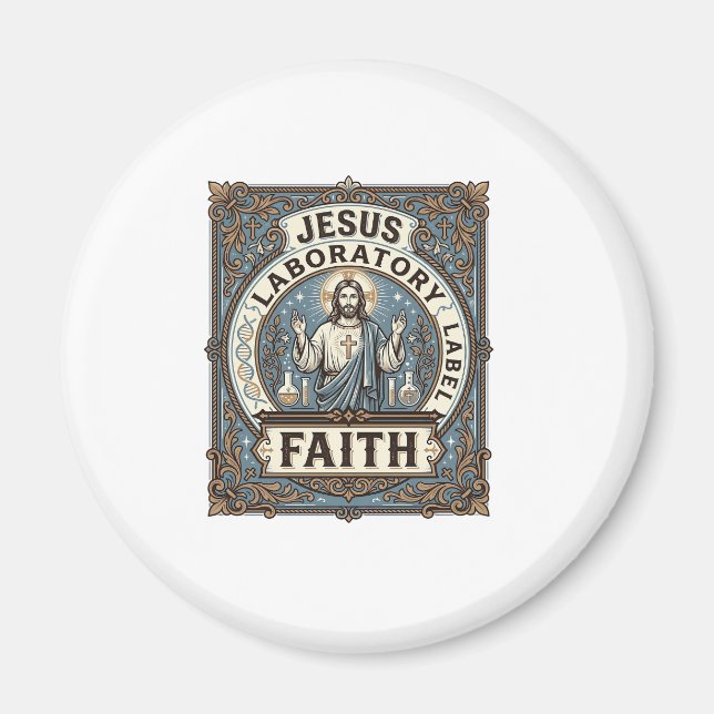 Jesus Laboratorium Etikett Tro Jesus Laboratorium  Magnet (Framsidan)