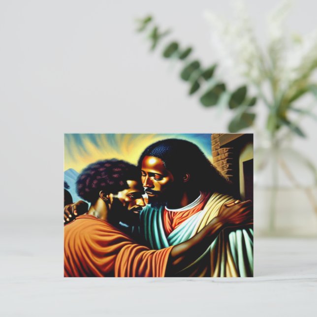 Jesus Lagrar ett vykort för Blinden Man (Stående Fram)