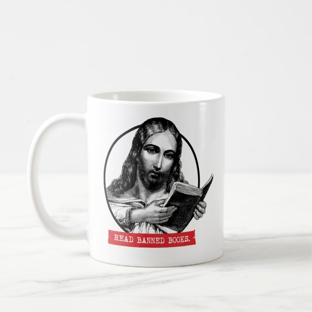 Jesus Läser förbjuden Bokar Kaffemugg (Vänster)