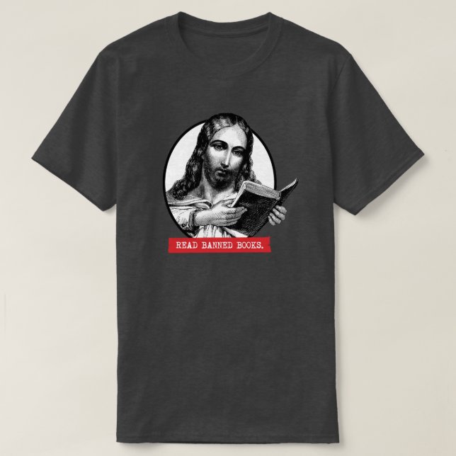 Jesus Läser förbjuden Bokar T Shirt (Design framsida)