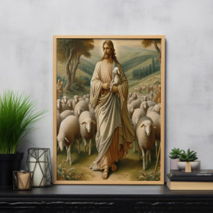 Jesus leder får genom gröna betesmarker poster
