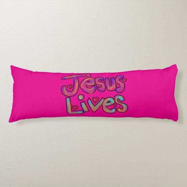 "Jesus Lives" Christian Quote Custom Name Rosa Kroppskudde (Framsidan)